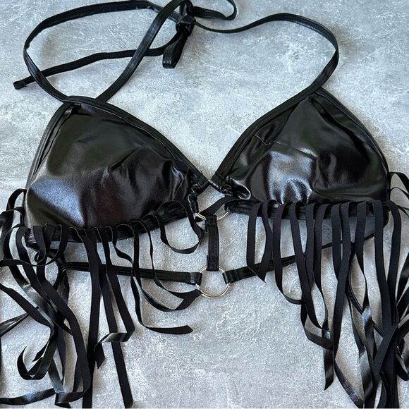 3 pc.  EDM Dance Faux Leather Neon Black Fringe Skirt bikini Top Sleeve Sz S Set - Picture 7 of 9